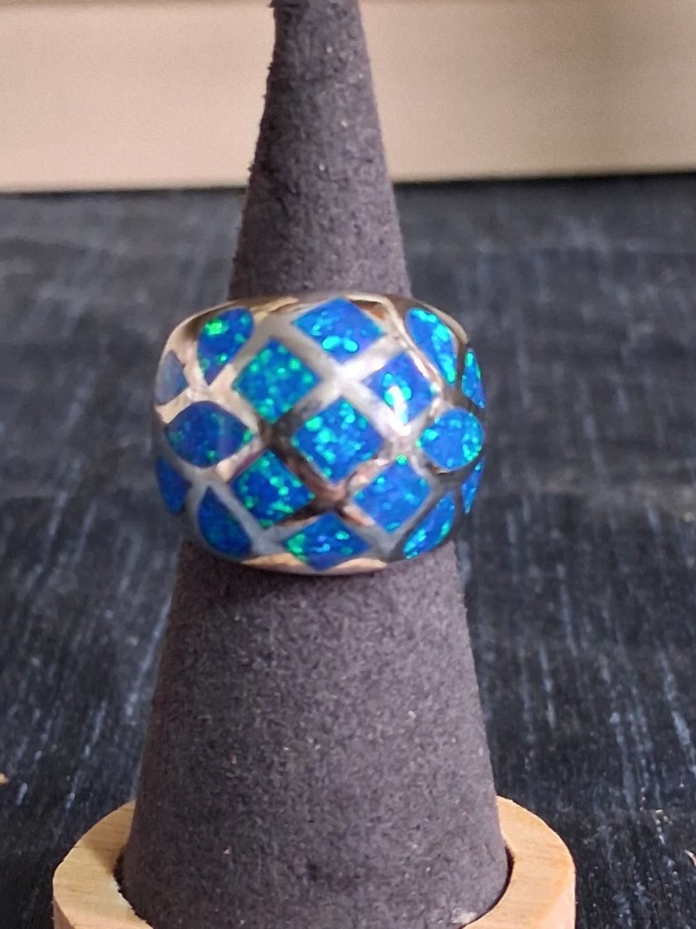 Sterling Silver Vintage Blue Opal Mosaic Dome Ring - Women Jewelry